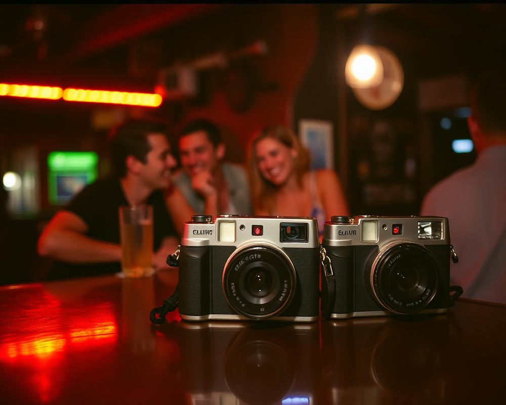Disposable cameras on a bar counter with friends laughing behind