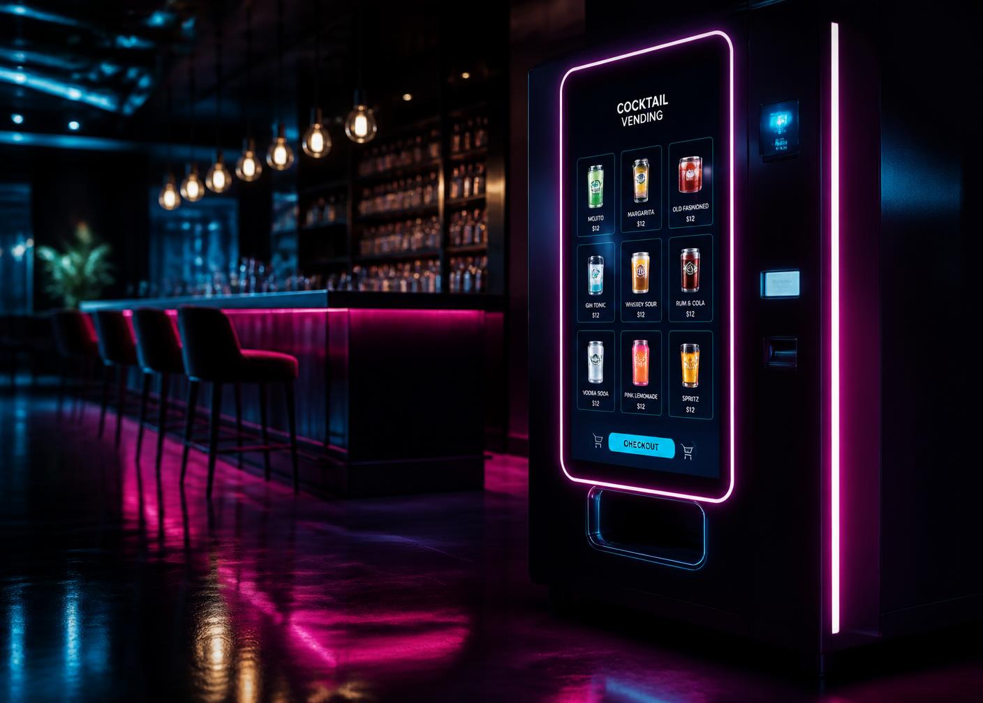 Neon-lit age-verified vending machine inside a dark cocktail bar