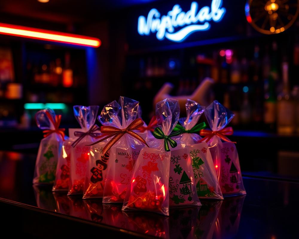 Holiday themed mystery bags glowing on a bar counter